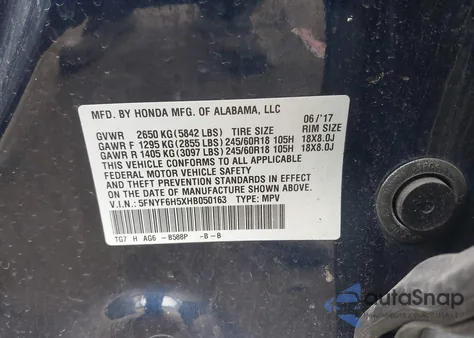 2017 Honda Pilot Ex-L из США, поврежденный, VIN 5FNYF6H5XHB050163